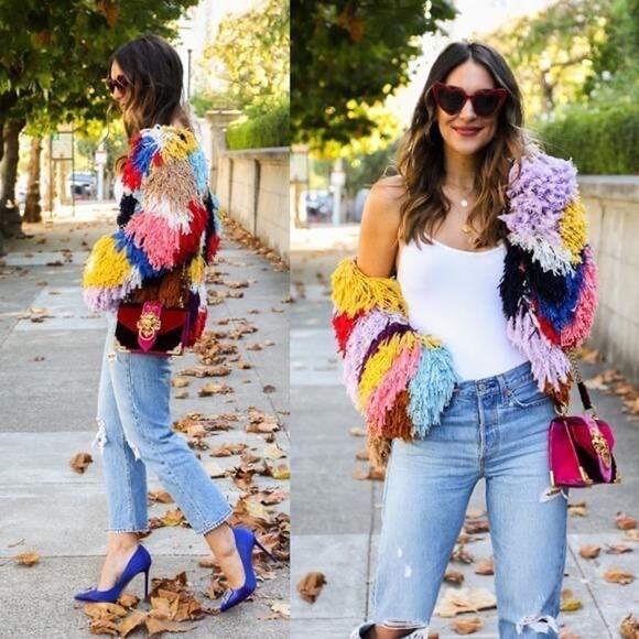 Alice + Olivia Fawn Multicolor Fringe Jacket rainbow yarn crochet size XS - Picture 4 of 12